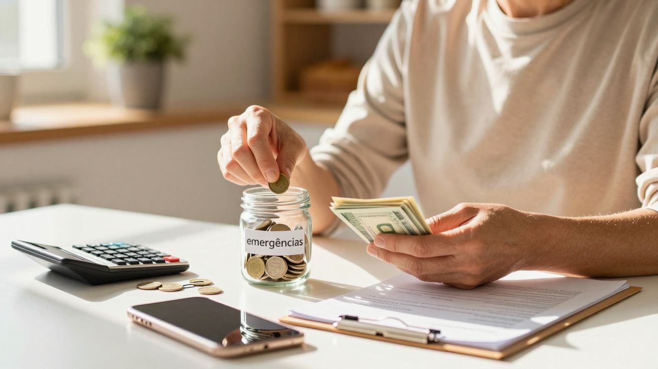 Pessoa coloca moeda em frasco de emergência enquanto segura notas. Calculadora e telemóvel na mesa.