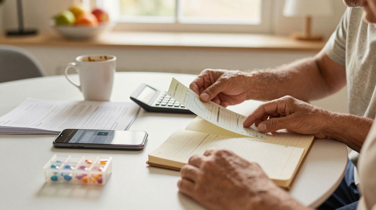 Pessoa folheia um caderno na mesa com chávena, calculadora, telemóvel e caixa de comprimidos. Janelas ao fundo.