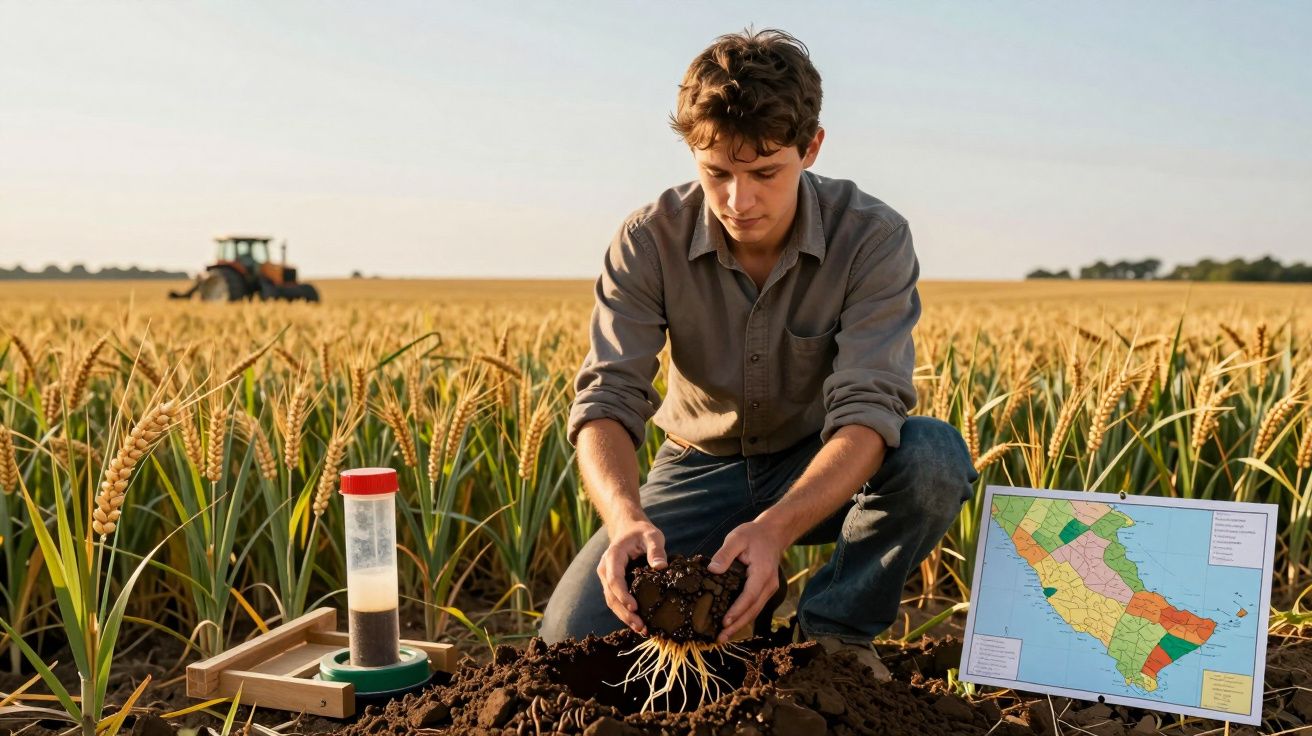 Jovem analisando solo num campo agrícola, com um trator ao fundo e um mapa ao lado.