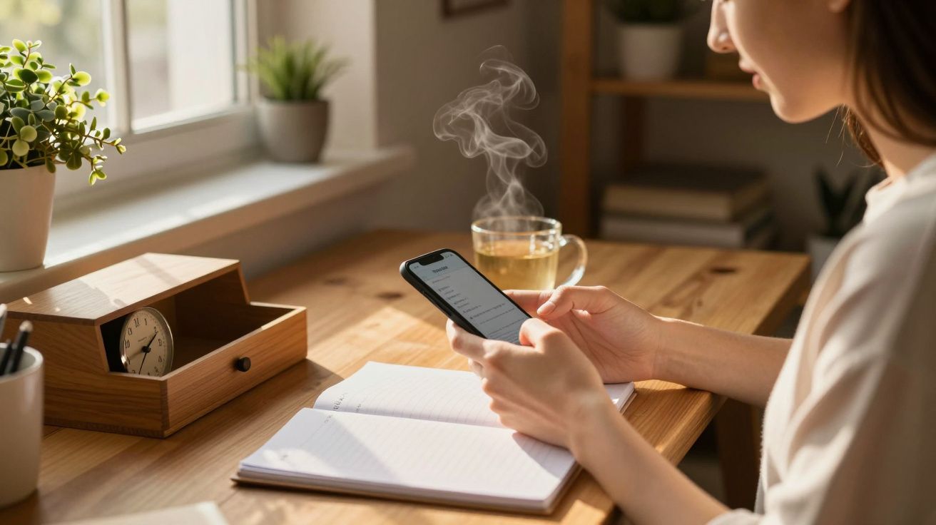 Mulher usando smartphone à mesa com caderno, chá e planta ao lado.