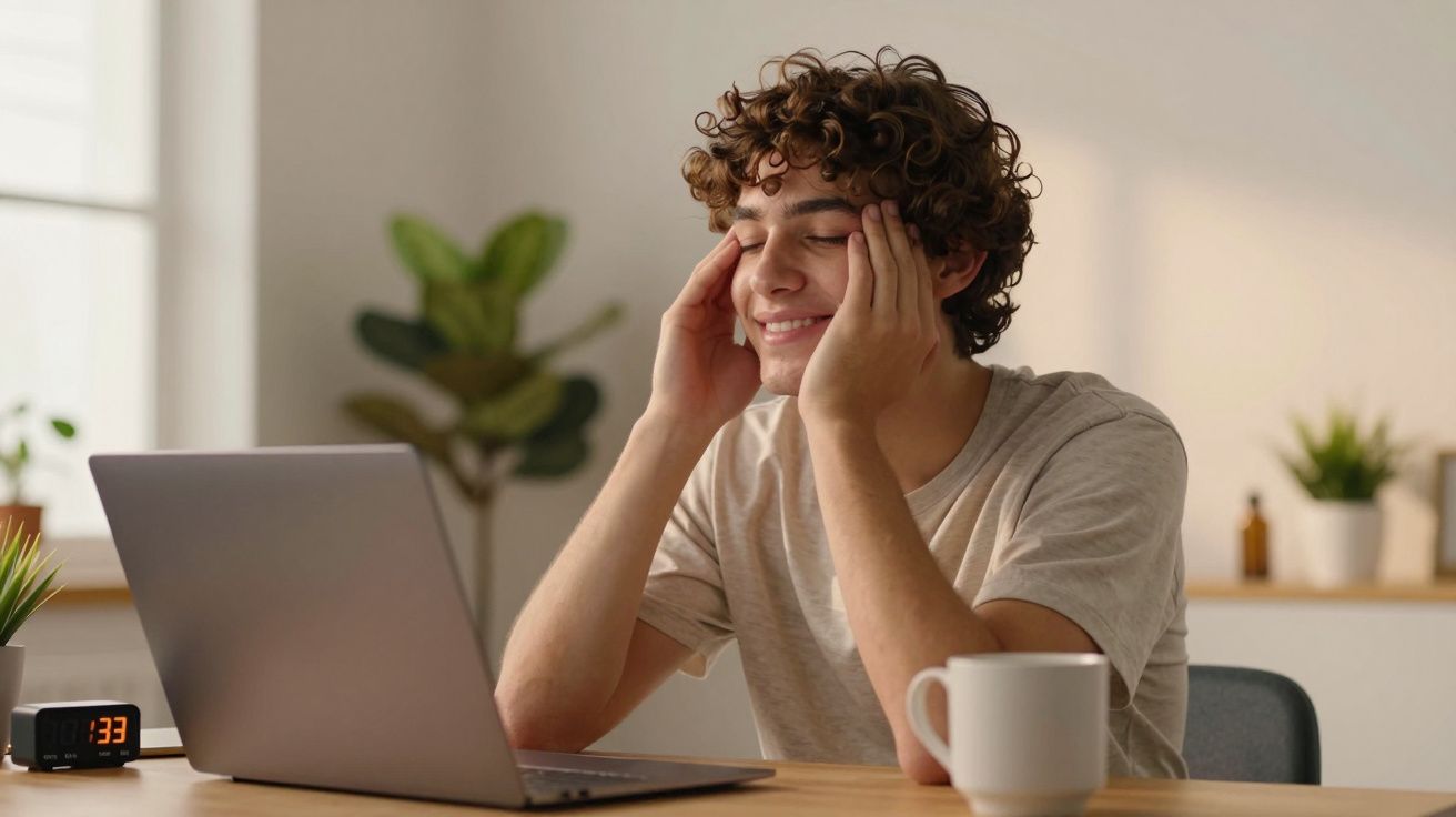 Pessoa sentada, sorrindo para o computador portátil numa mesa com chávena e relógio.