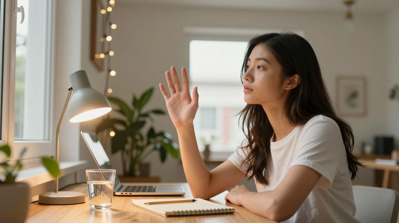 Mulher sentada à secretária, acenando e olhando pela janela com um computador portátil e caderno à frente.