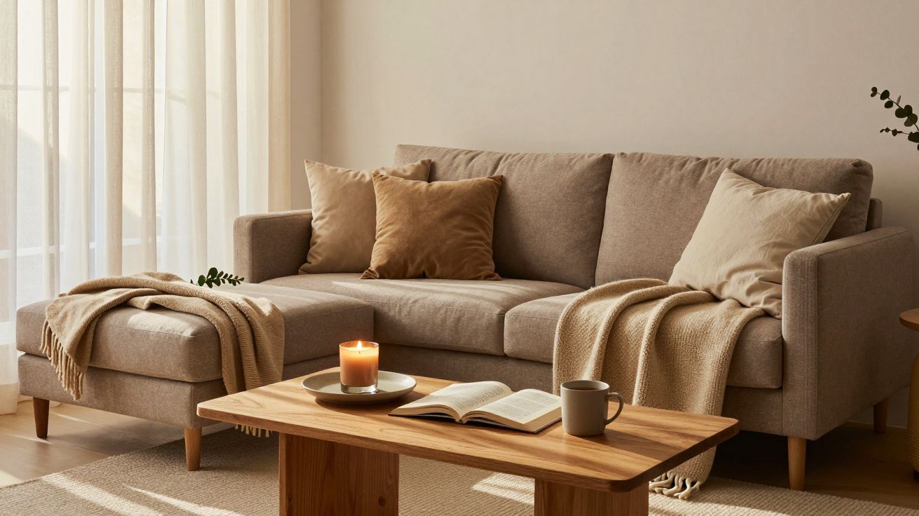Sala acolhedora com sofá bege, almofadas, manta, mesa de madeira com vela acesa, livro e chávena de café.