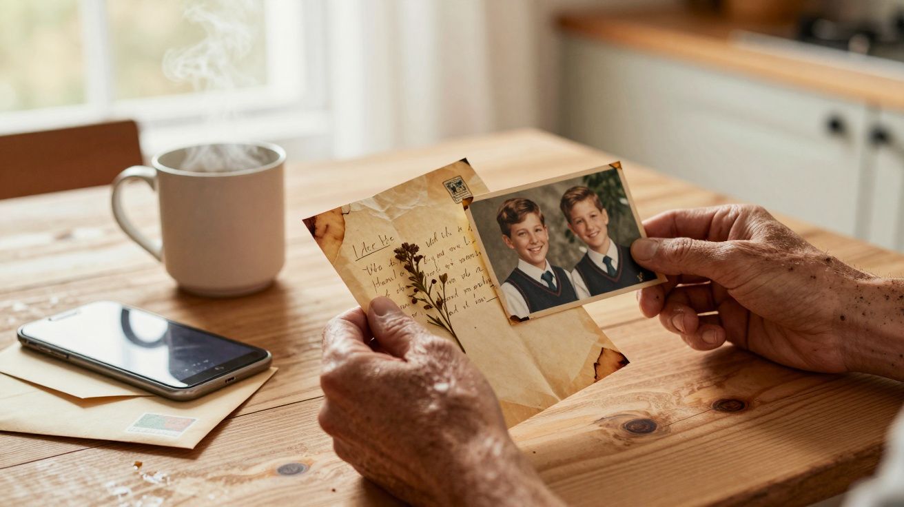 Mãos segurando foto antiga de dois rapazes em uniforme escolar, com cartas, chávena e telemóvel sobre a mesa de madeira.