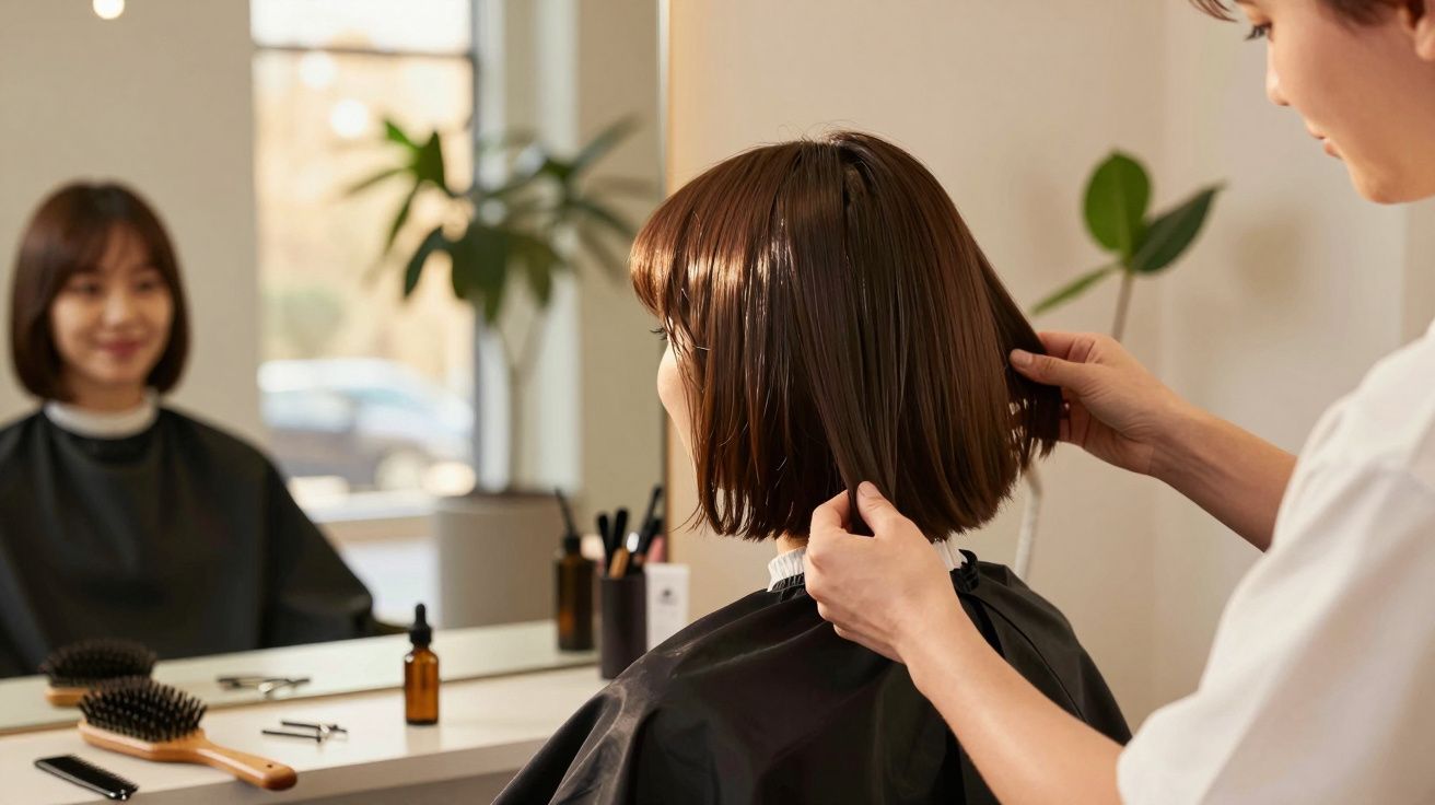 Cabeleireiro ajusta corte de cabelo bob em cliente sorridente diante de um espelho com plantas ao fundo.