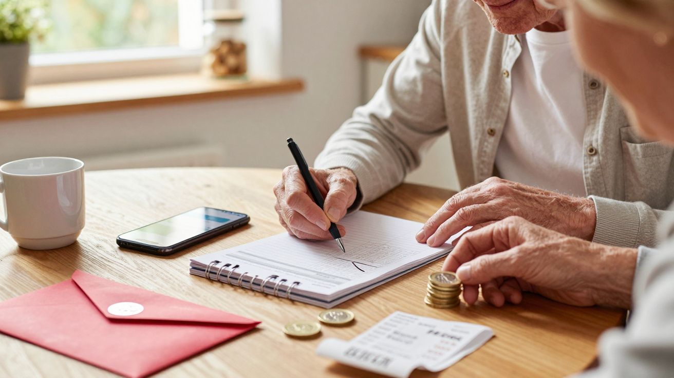 Uma pessoa idosa escreve num caderno em mesa de madeira com moedas, carta e telemóvel.