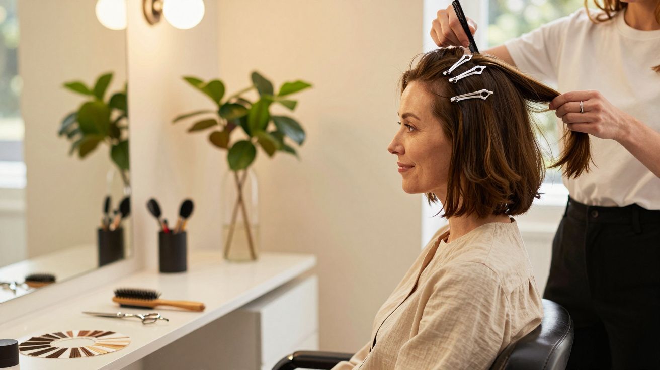 Mulher num salão de cabeleireiro, com penteados sendo feitos, sentada numa cadeira em frente a um espelho.