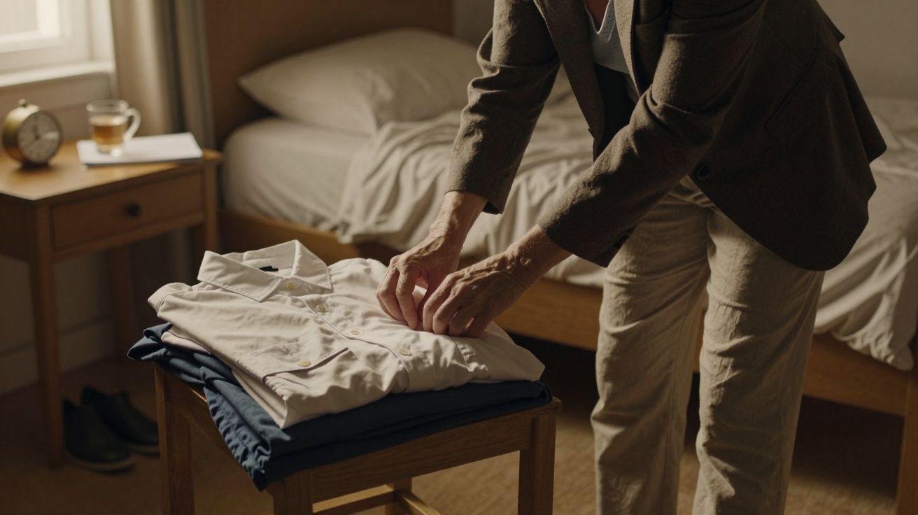 Pessoa a dobrar camisa numa cadeira ao lado de uma cama arrumada, com mesa de cabeceira, relógio e chá.