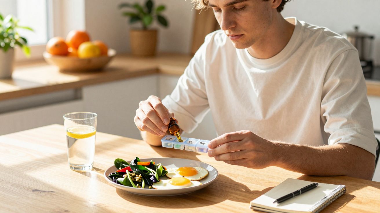 Jovem sentado à mesa, preparando comprimidos com uma refeição saudável, incluindo ovos e salada, ao lado de um copo de água.