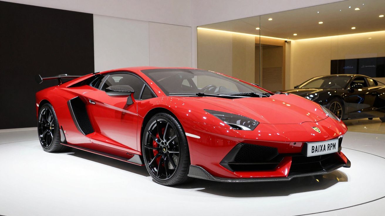 Carro desportivo vermelho em exposição num showroom iluminado.