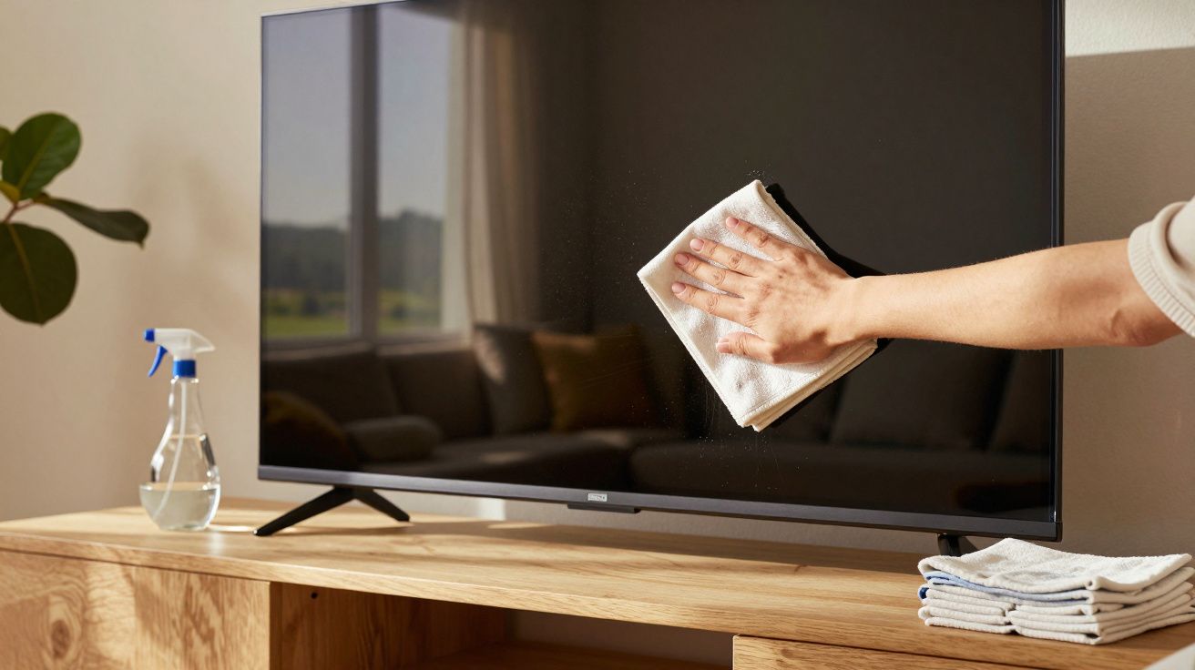 Pessoa limpa ecrã de televisão com pano branco; frasco de spray e plantas ao fundo.