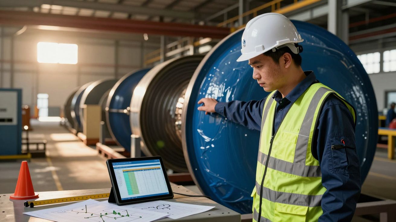 Homem com capacete e colete no armazém, apontando para equipamento grande, com portátil e plantas na mesa.