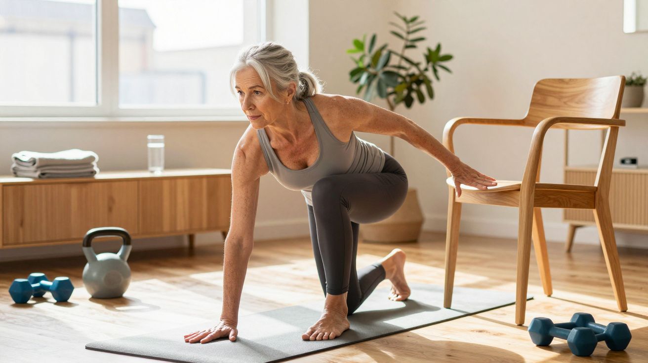 Mulher idosa a fazer exercício de alongamento ao lado de uma cadeira, com pesos no chão, em sala iluminada.
