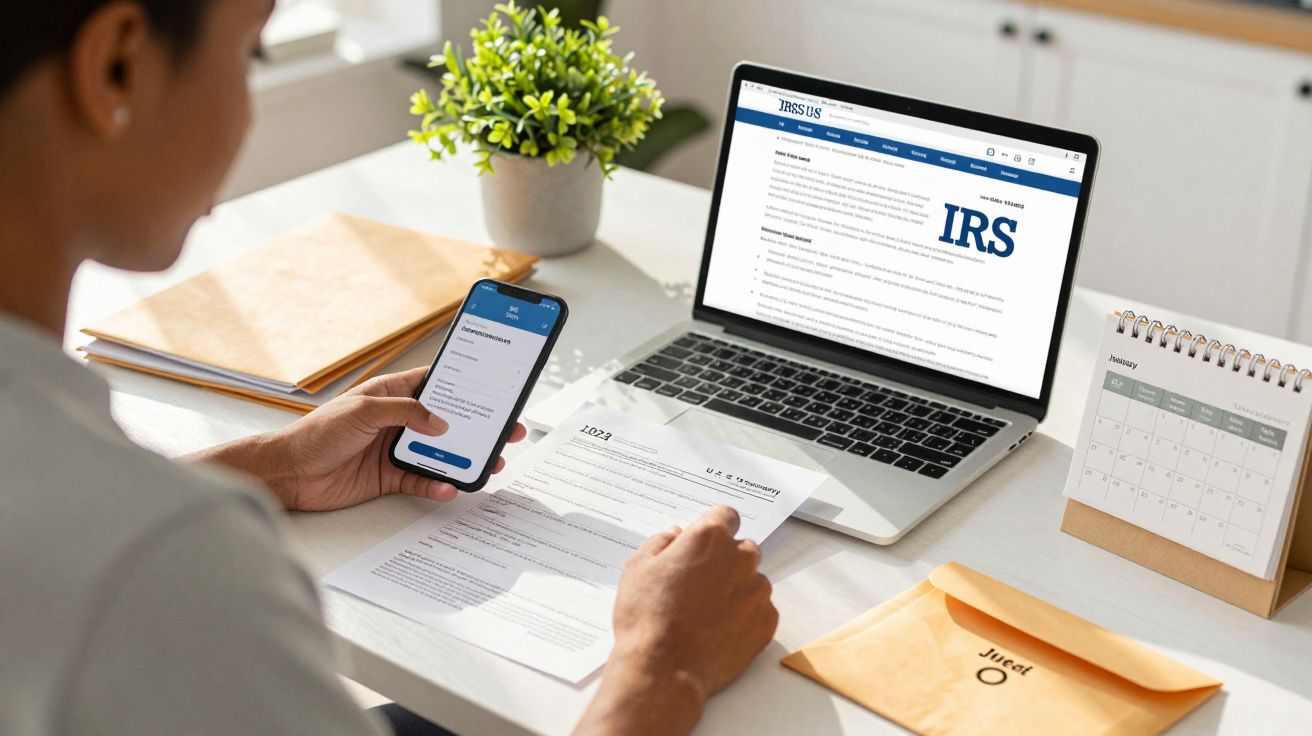 Pessoa consultando documentos fiscais no telemóvel e portátil, com envelopes e calendário ao lado.