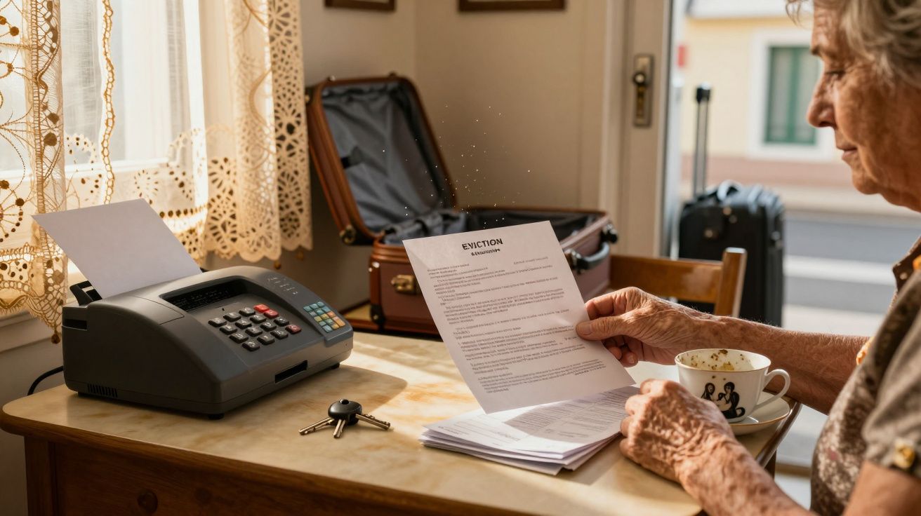 Mulher idosa lê aviso de despejo em casa, com mala aberta e máquina de fax ao lado.