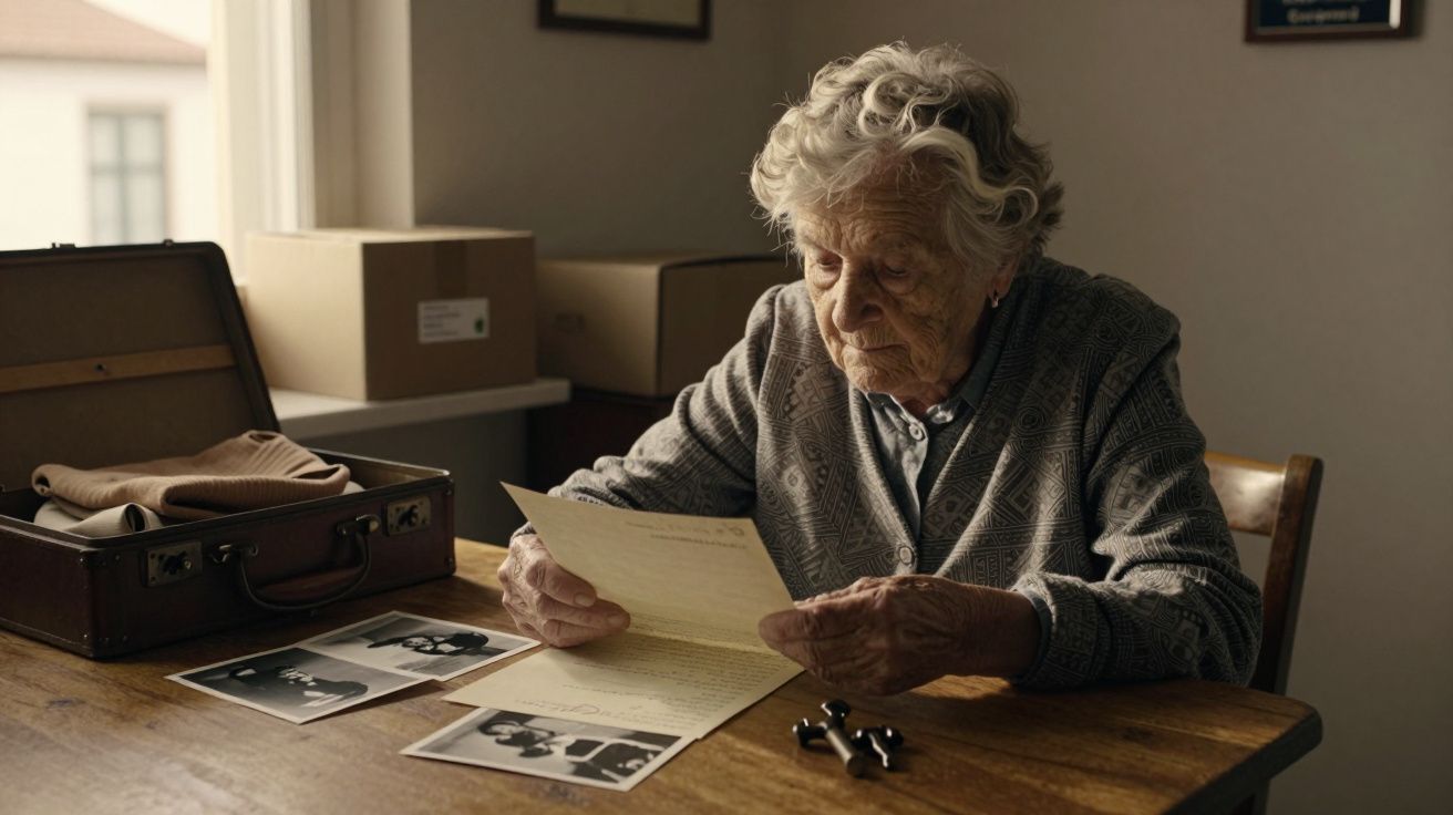 Idosa sentada à mesa, lendo uma carta, com fotografias antigas e uma mala ao lado.