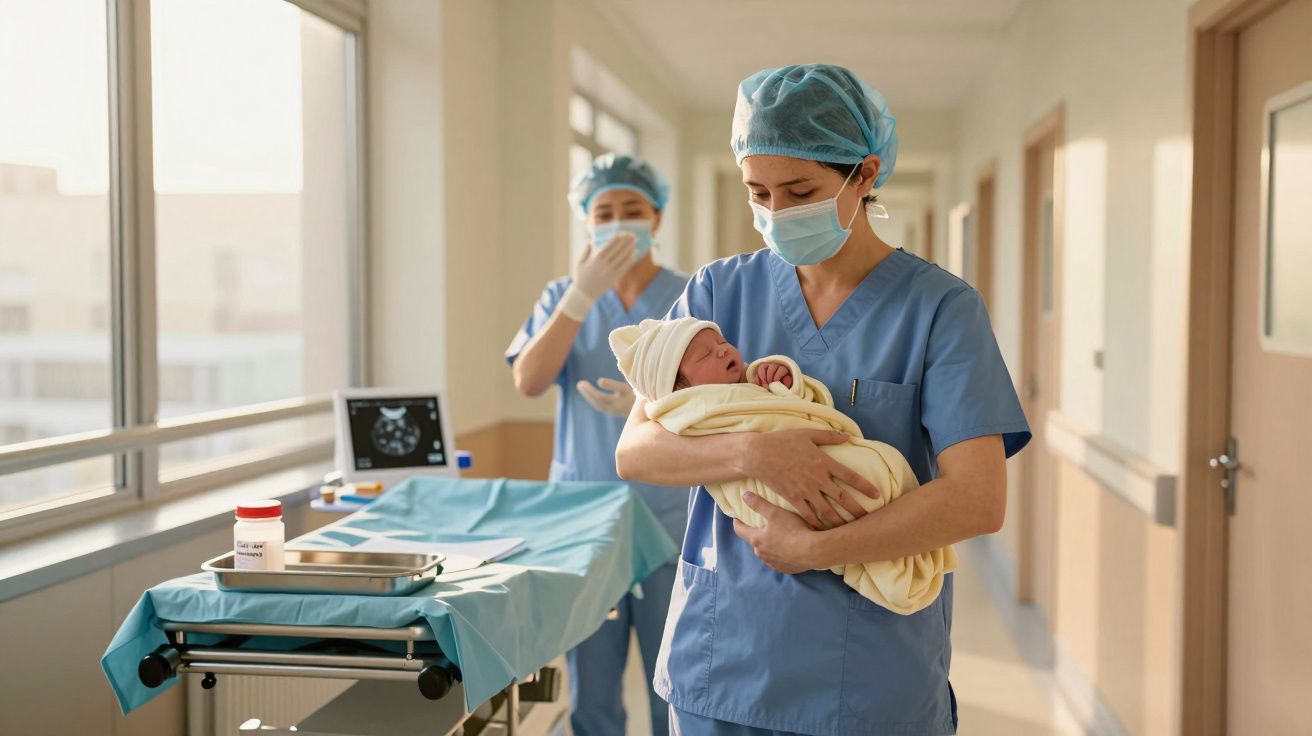 Enfermeira com máscara segura um recém-nascido enrolado em manta num corredor hospitalar, com equipamento médico ao fundo.