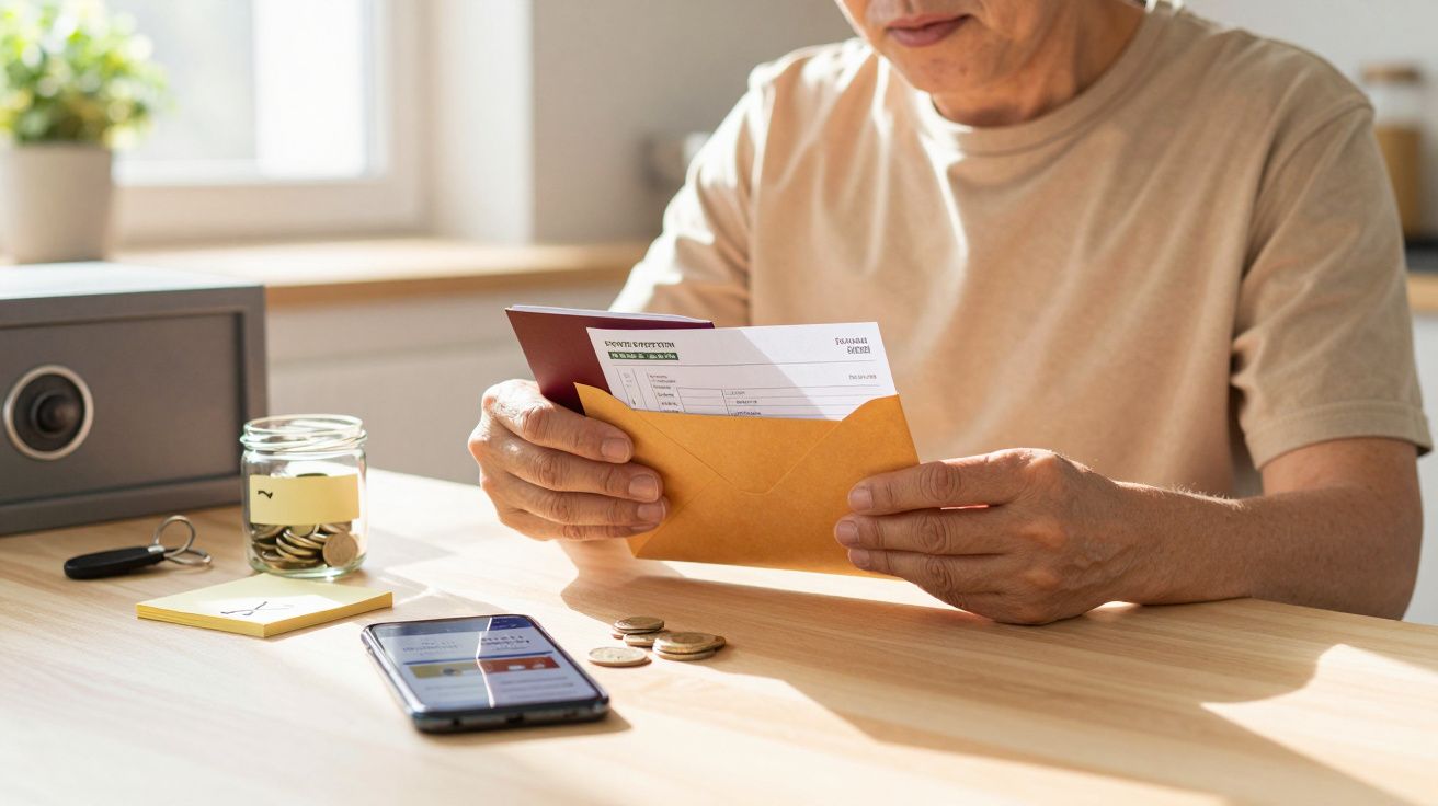 Pessoa a abrir envelope com recibo, perto de smartphone e jarro com moedas numa mesa iluminada pelo sol.