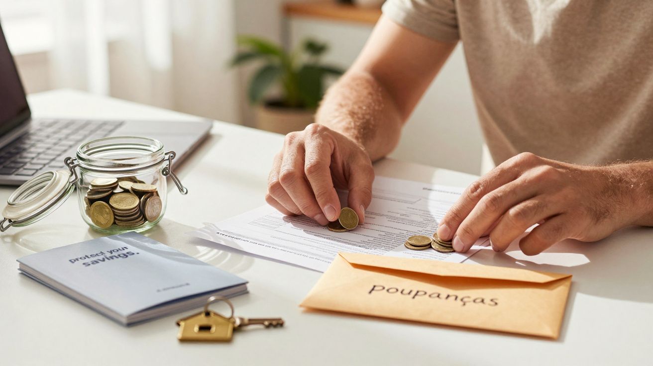 Pessoa a contar moedas em cima de documentos, ao lado de um frasco com moedas e um envelope laranja escrito "poupanças".