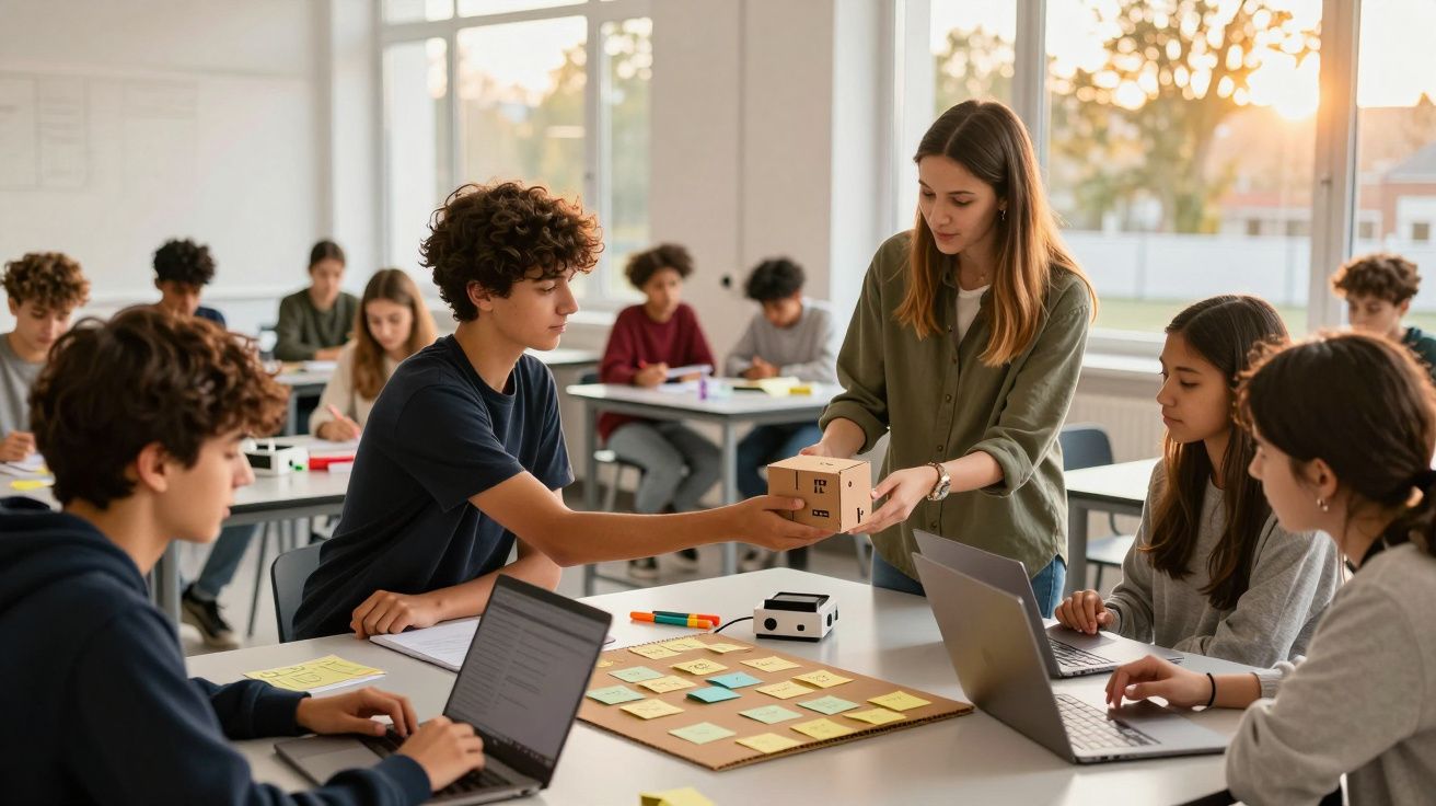 Professora orienta alunos em aula interativa, analisando cubo. Alunos trabalham em portáteis e notas adesivas na mesa.