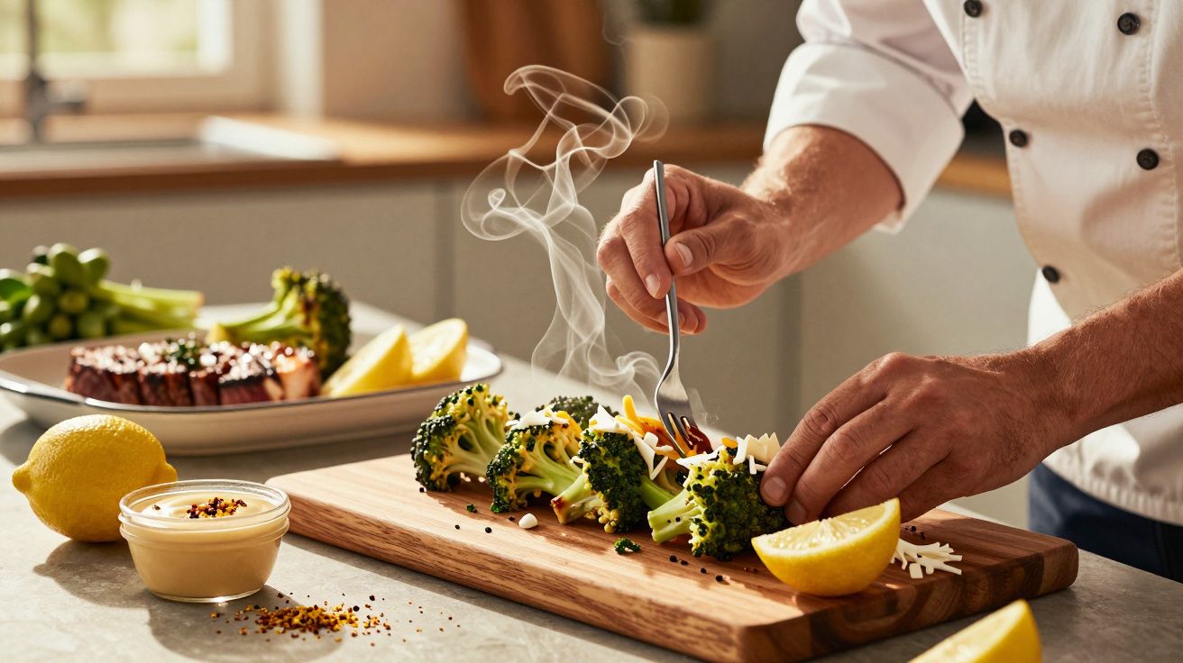 Chef prepara brócolos a vapor com pinças numa tábua de cozinha, ao lado de limões e molho.