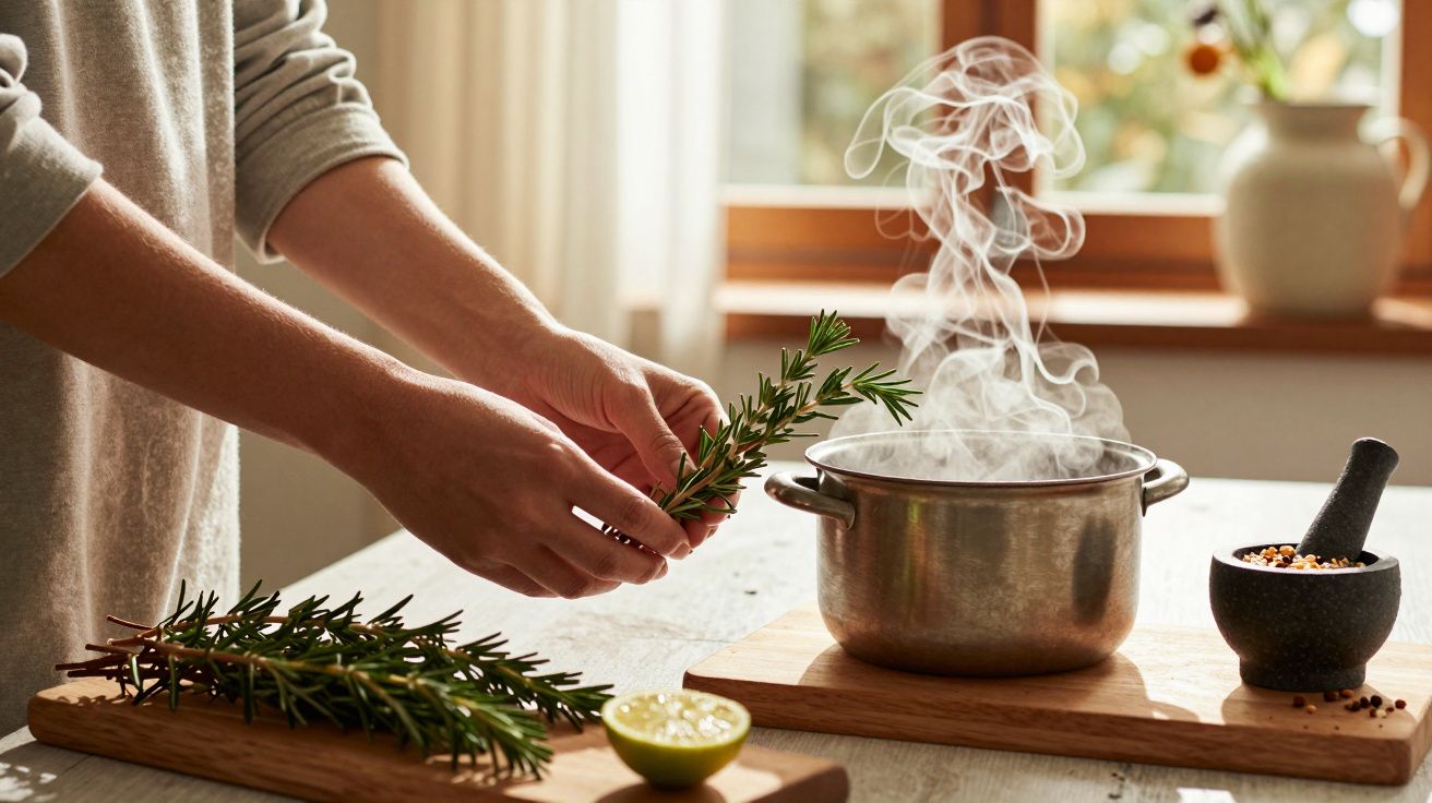 Pessoa a adicionar alecrim em panela a ferver numa cozinha iluminada pelo sol.