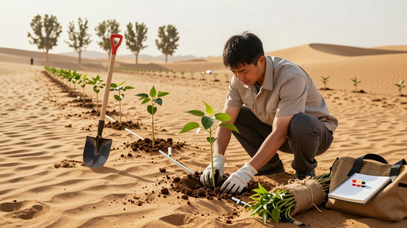 Homem planta mudas no deserto, cercado por linha de árvores jovens, pá ao lado e mala aberta no chão.
