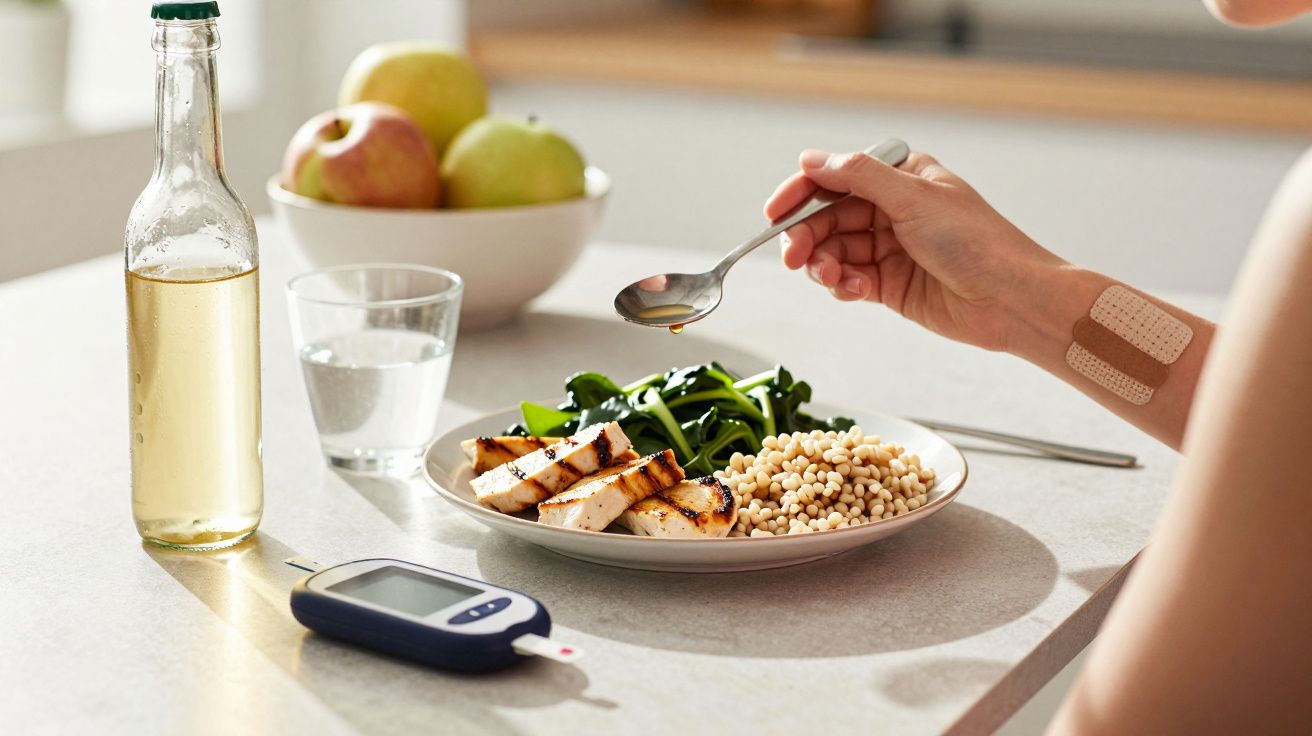 Pessoa com sensor no braço, num almoço saudável com frango grelhado, espinafres e quinoa. Medidor de glicose na mesa.