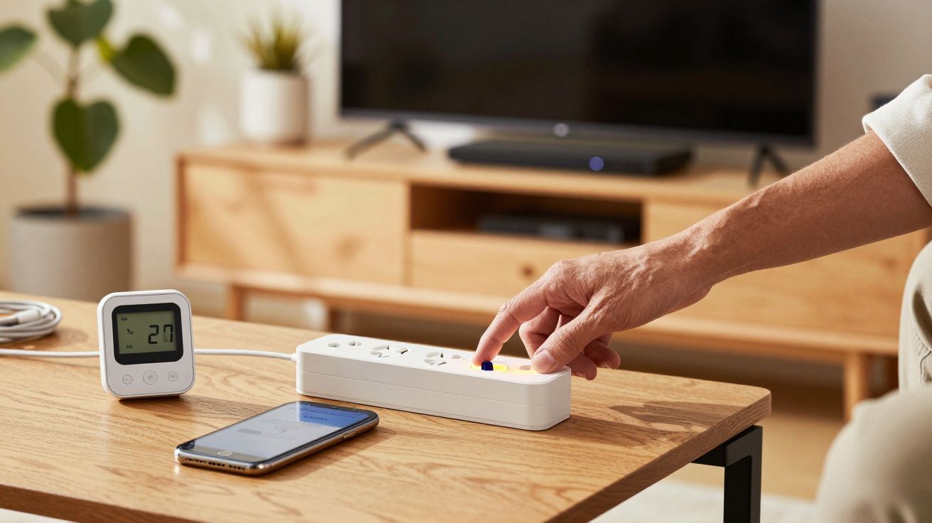 Pessoa liga uma extensão elétrica numa mesa de madeira, com um telemóvel e monitor de energia ao lado.