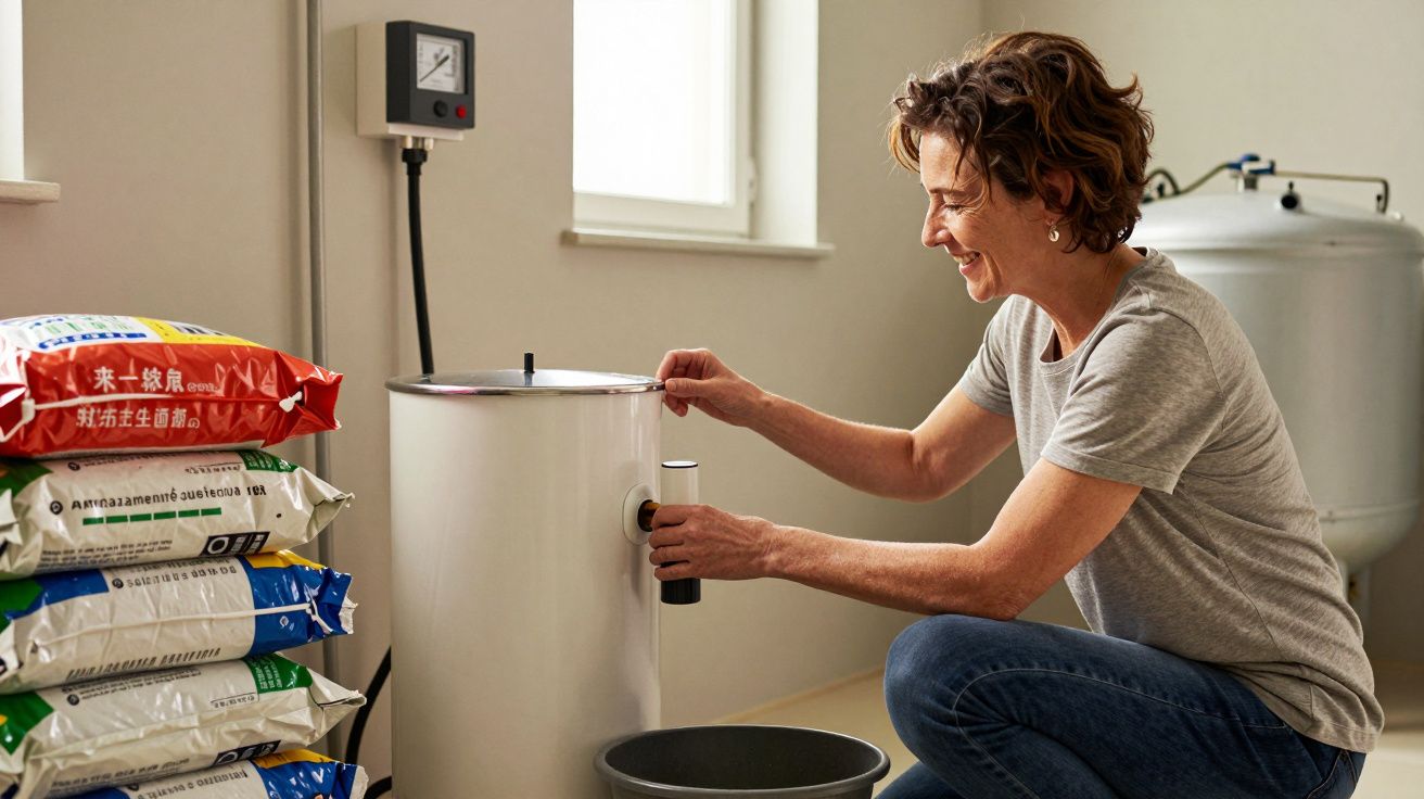 Mulher a ajustar um tanque num armazém, com sacos empilhados e um balde no chão.