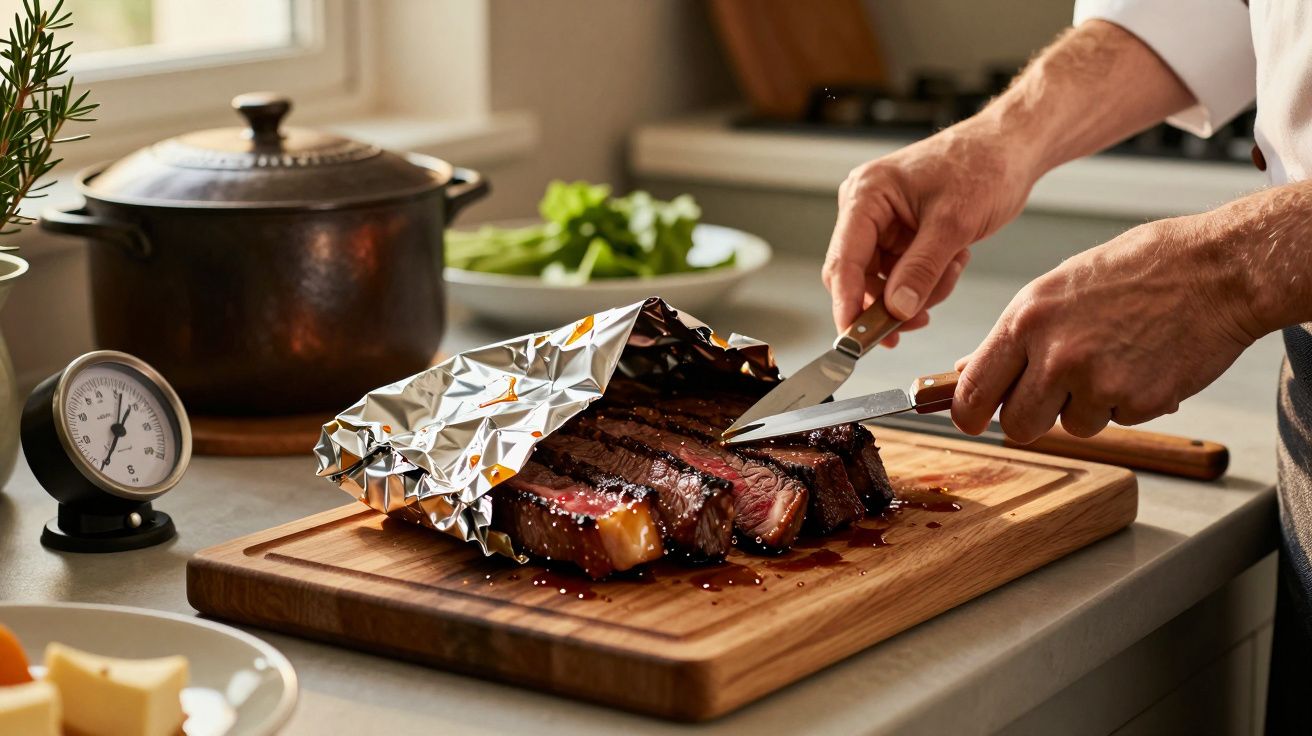 Pessoa a cortar carne assada coberta com folha de alumínio numa tábua de madeira, com tachos e legumes ao fundo.