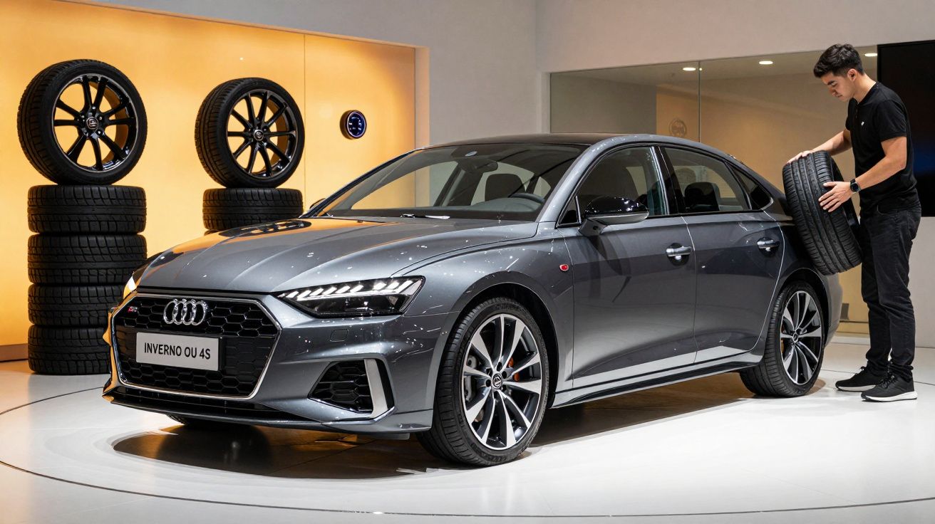 Carro Audi A4 cinzento exposto em showroom, com homem segurando pneu próximo a uma parede com pneus exibidos.