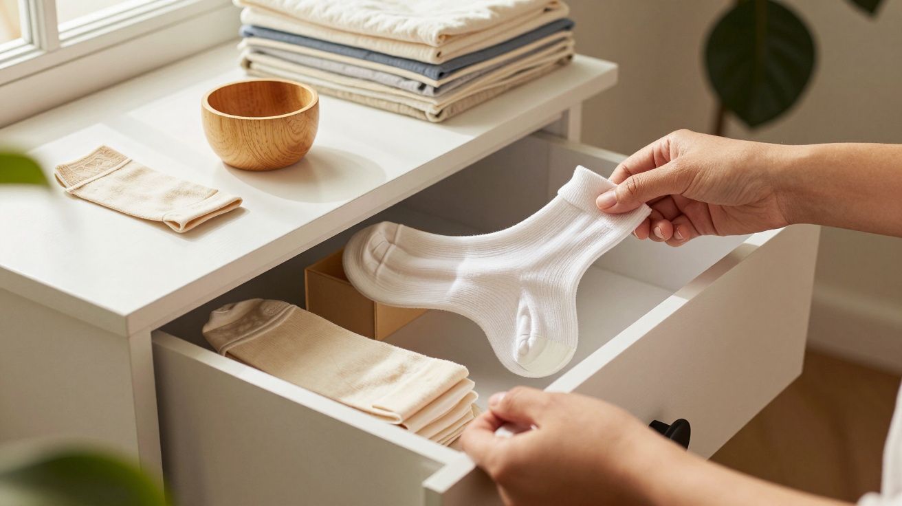 Mãos a guardar meias brancas numa gaveta organizada com roupa dobrada e uma taça de madeira em cima.