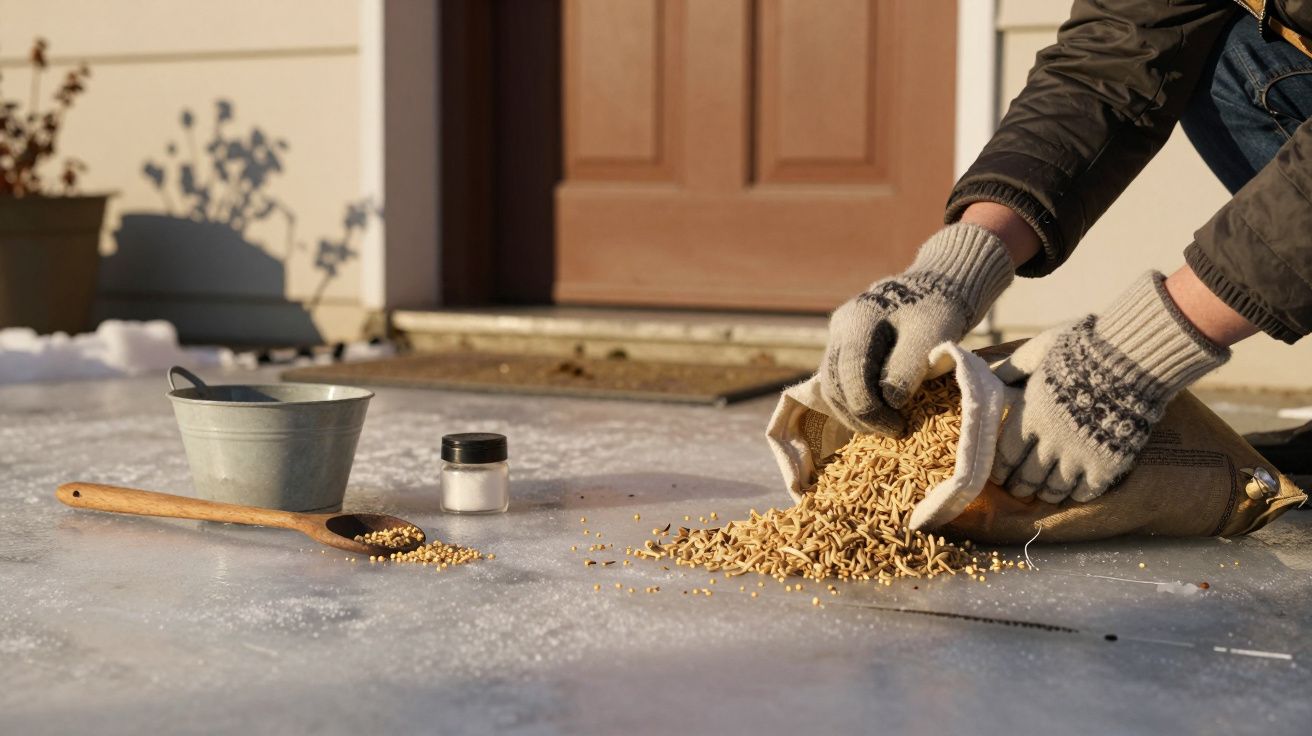 Pessoa despeja cereais num chão gelado, perto de uma porta, com balde e colher ao lado.