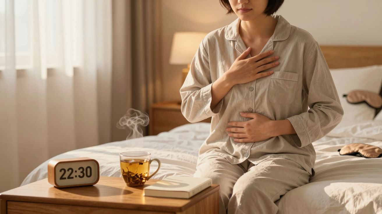 Mulher de pijama sentada na cama, mão no peito e estômago. Mesa com chá fumegante e relógio a marcar 22:30.