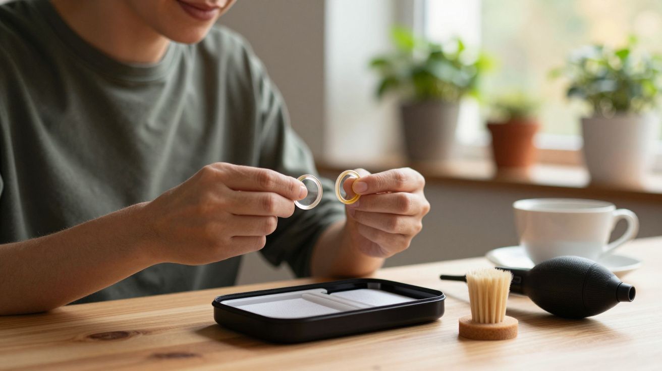 Pessoa segura acessórios fotográficos; na mesa, estojo aberto, pincel, pera de ar e chávena.