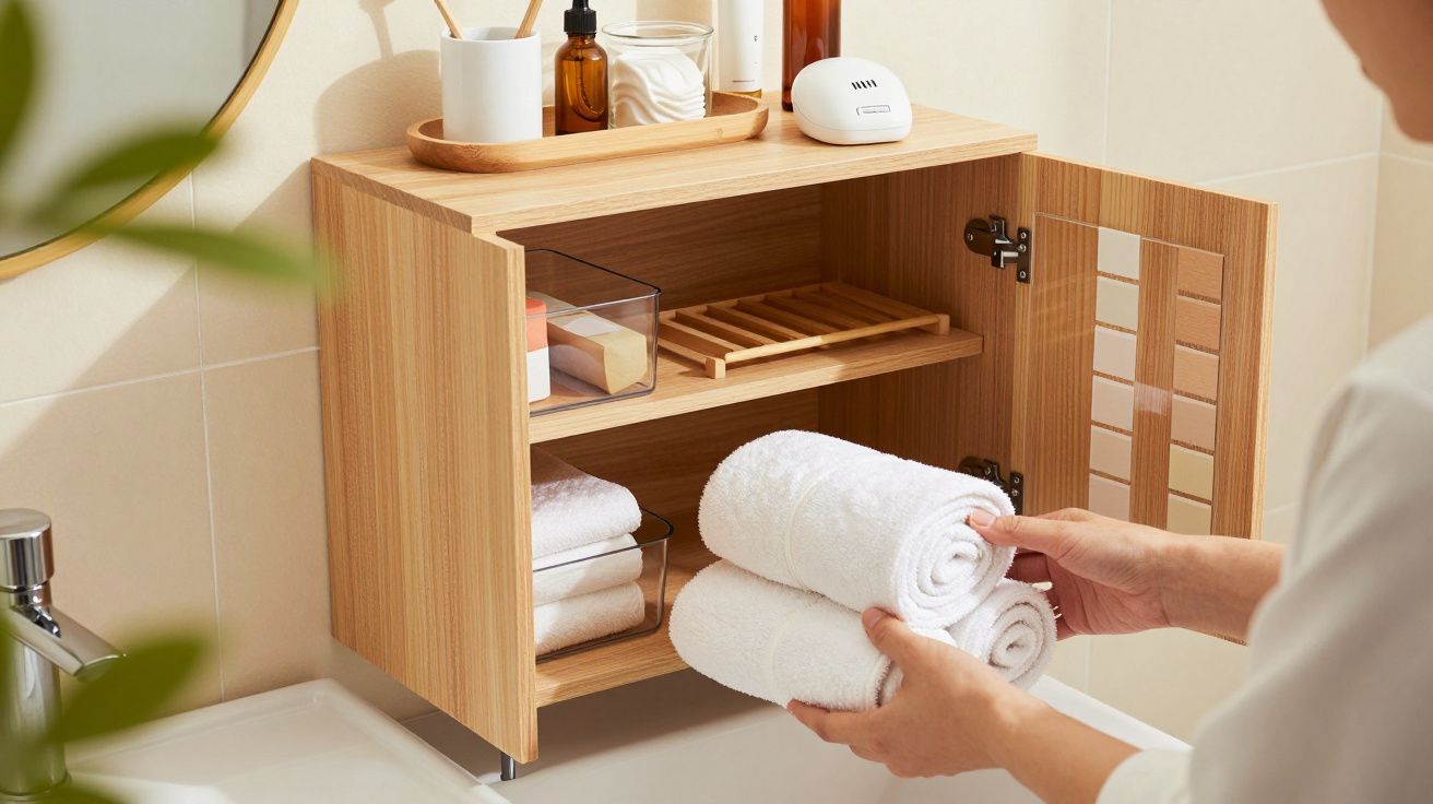 Armário de banho aberto com toalhas brancas enroladas e produtos organizados em prateleiras de madeira.