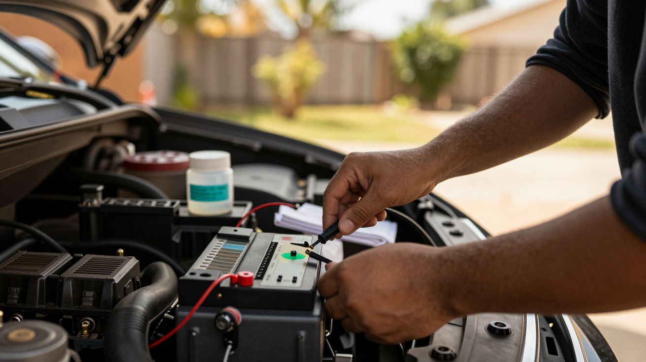 Pessoa testa bateria de carro com um multímetro sob o capô aberto, num dia ensolarado, num ambiente residencial.