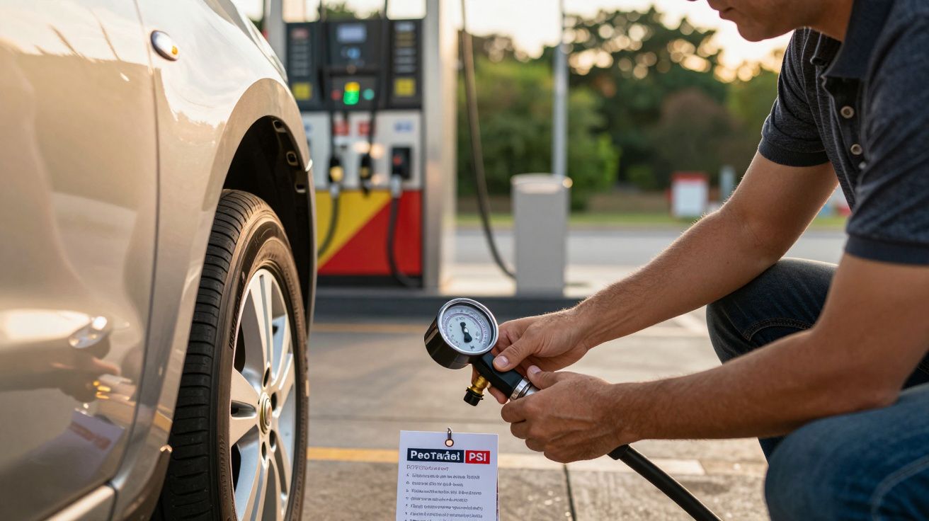 Homem verifica a pressão do pneu de um carro com um manómetro numa estação de serviço.