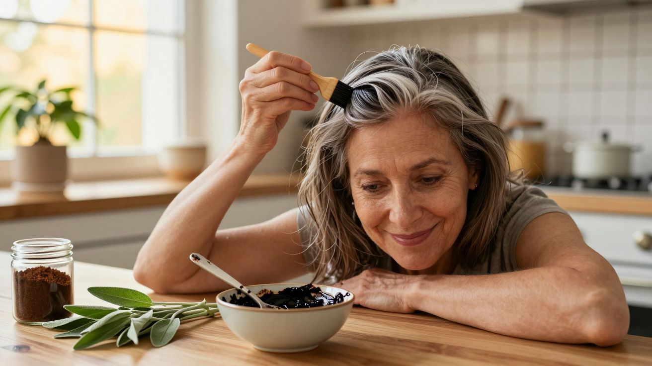 Mulher sorridente aplica tinta natural no cabelo com pincel na cozinha, ao lado de uma tigela e folhas verdes.