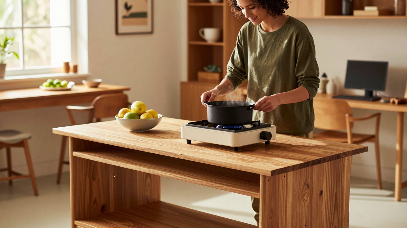 Pessoa cozinha numa placa elétrica numa cozinha moderna, com frutas e mesa ao fundo.