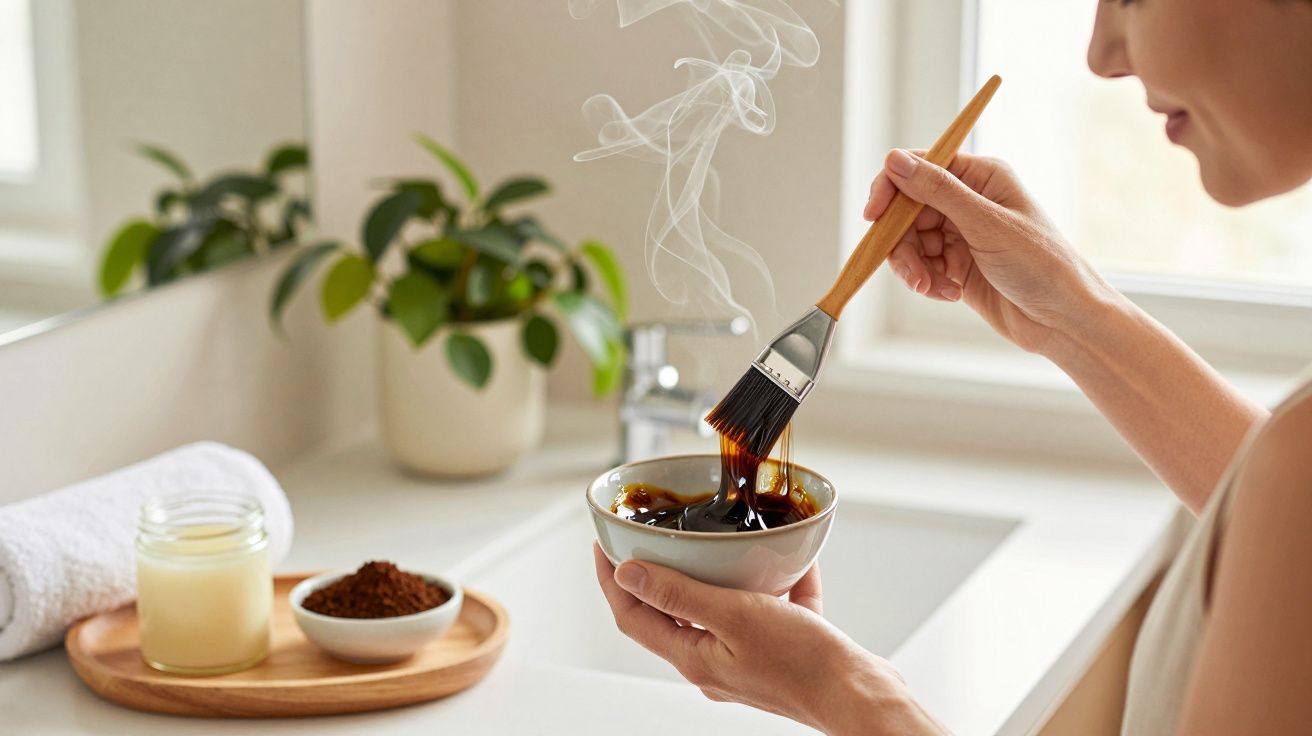 Mulher prepara máscara de café caseira no banheiro, usando pincel e tigela, com toalha e ingredientes ao fundo.