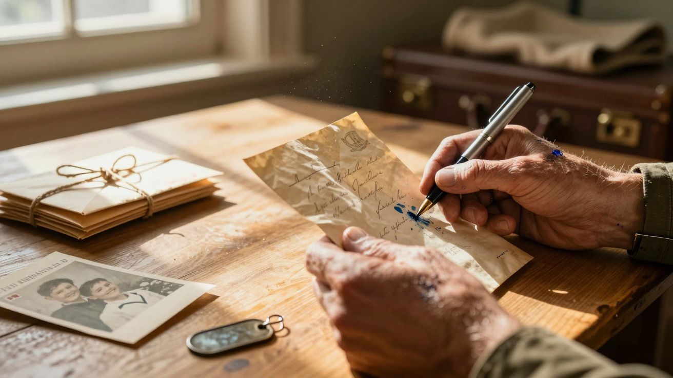 Pessoa a escrever carta à mão em papel, com fotografia antiga e porta-chaves sobre a mesa de madeira.