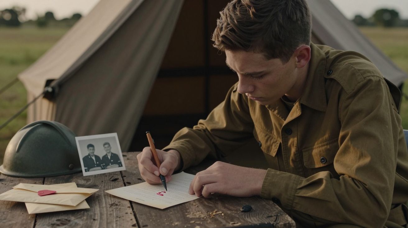 Jovem escreve carta numa mesa de madeira à frente de uma tenda militar, com capacete e fotografia ao lado.