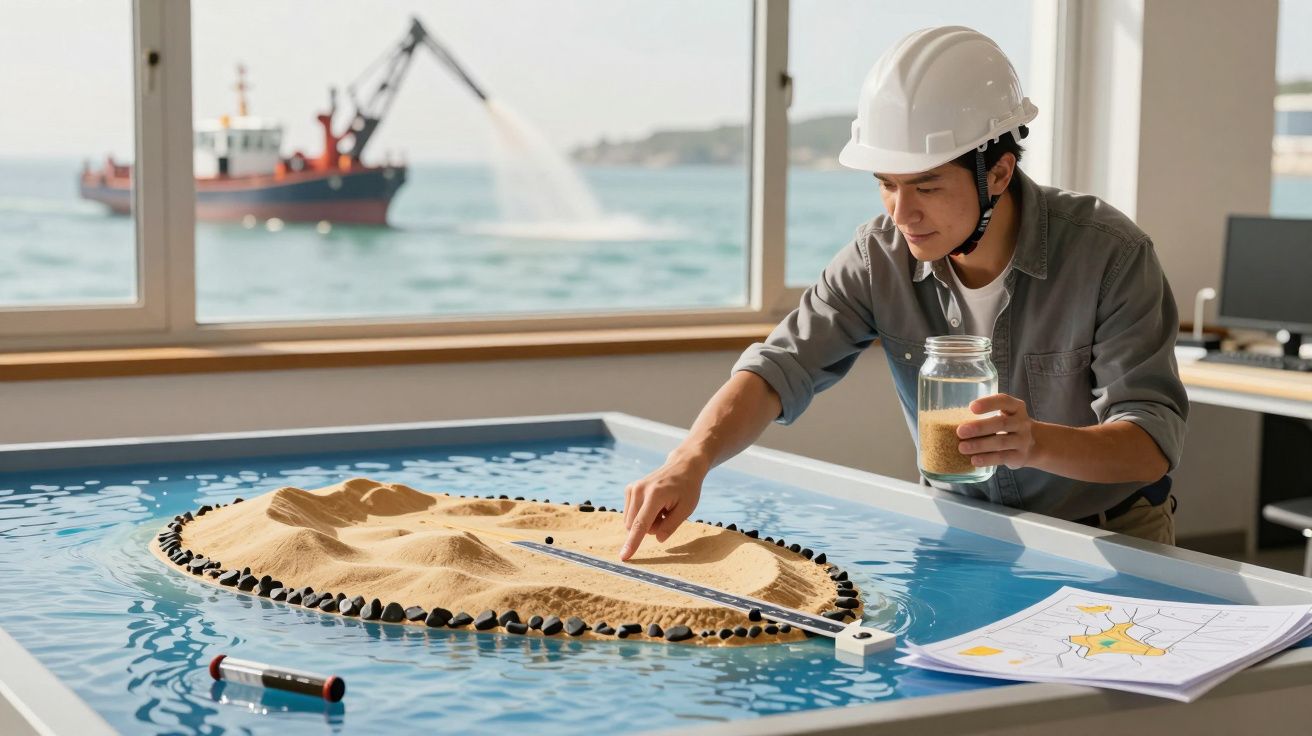 Jovem com capacete trabalha em maquete de ilha com areia e água, enquanto um barco está ao fundo no mar.