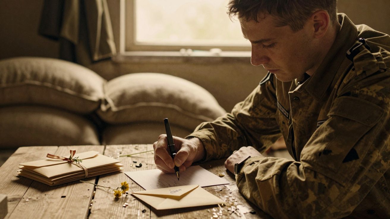 Homem fardado escreve carta numa mesa de madeira, com envelopes empilhados ao lado e flores espalhadas.