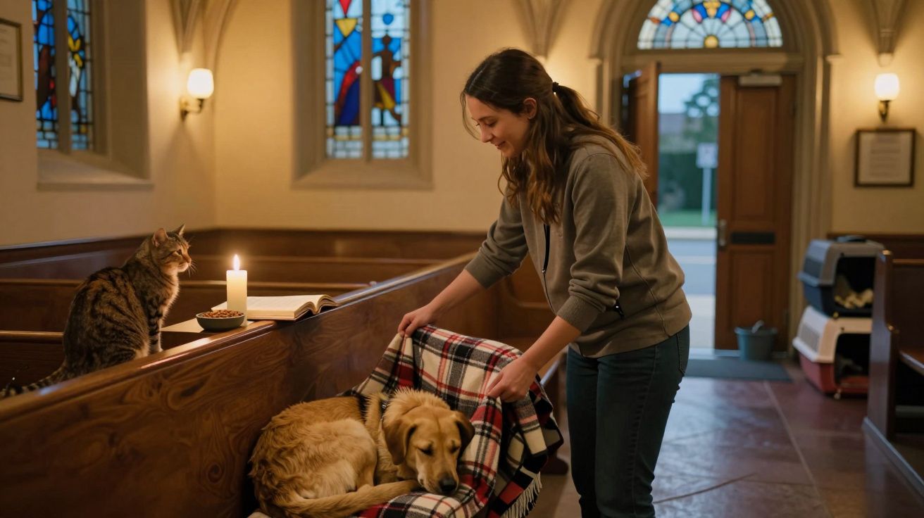 Mulher cobre cão com manta em banco de igreja, gato observa ao lado de vela acesa. Janelas com vitrais ao fundo.
