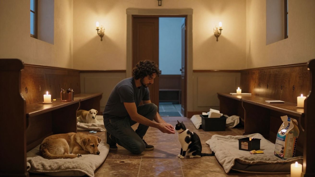 Homem agacha-se a acariciar um gato numa sala iluminada por velas, com cães deitados em camas ao redor.