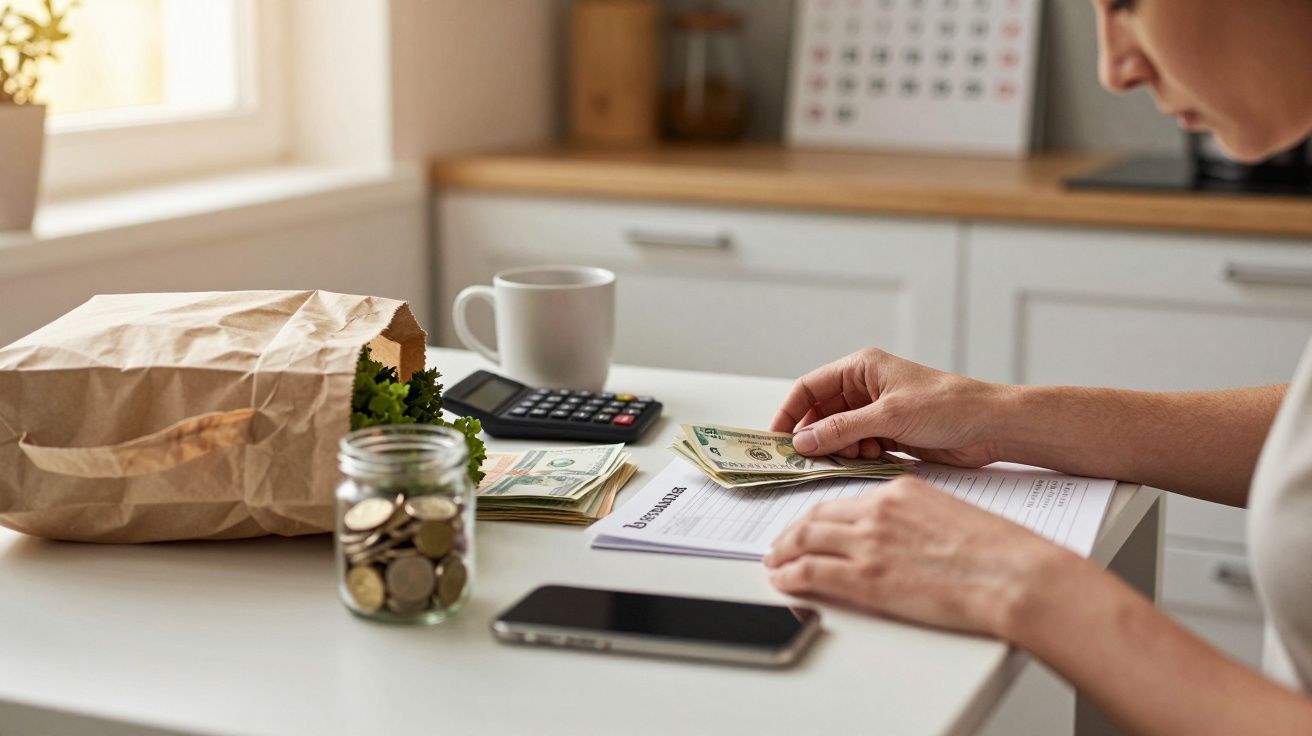 Pessoa conta dinheiro numa bancada de cozinha, com um telemóvel, moedas, e uma calculadora ao lado.
