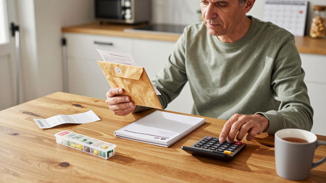 Homem sentado à mesa com calculadora, chávena de café e caixa de comprimidos, olhando documento em envelope.